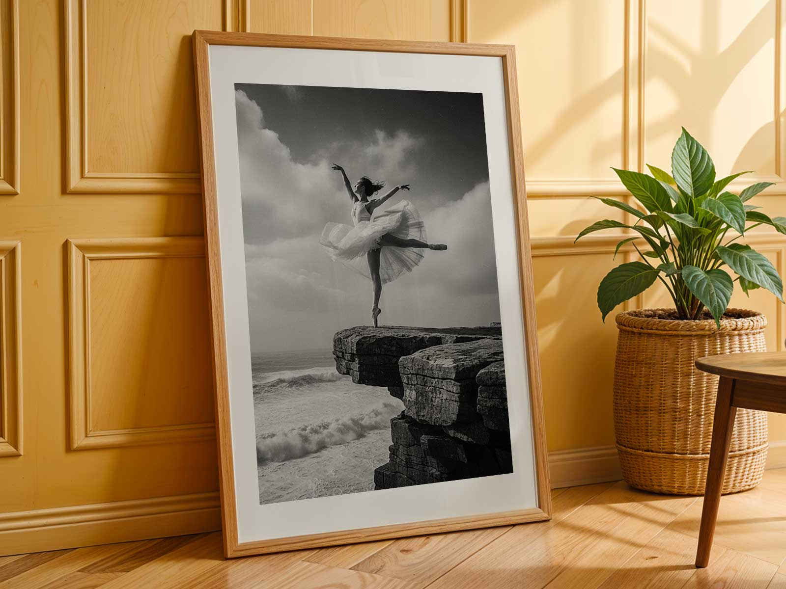 Ballerina performing an arabesque at sunset on a rocky shoreline, silhouette against the glowing sea
