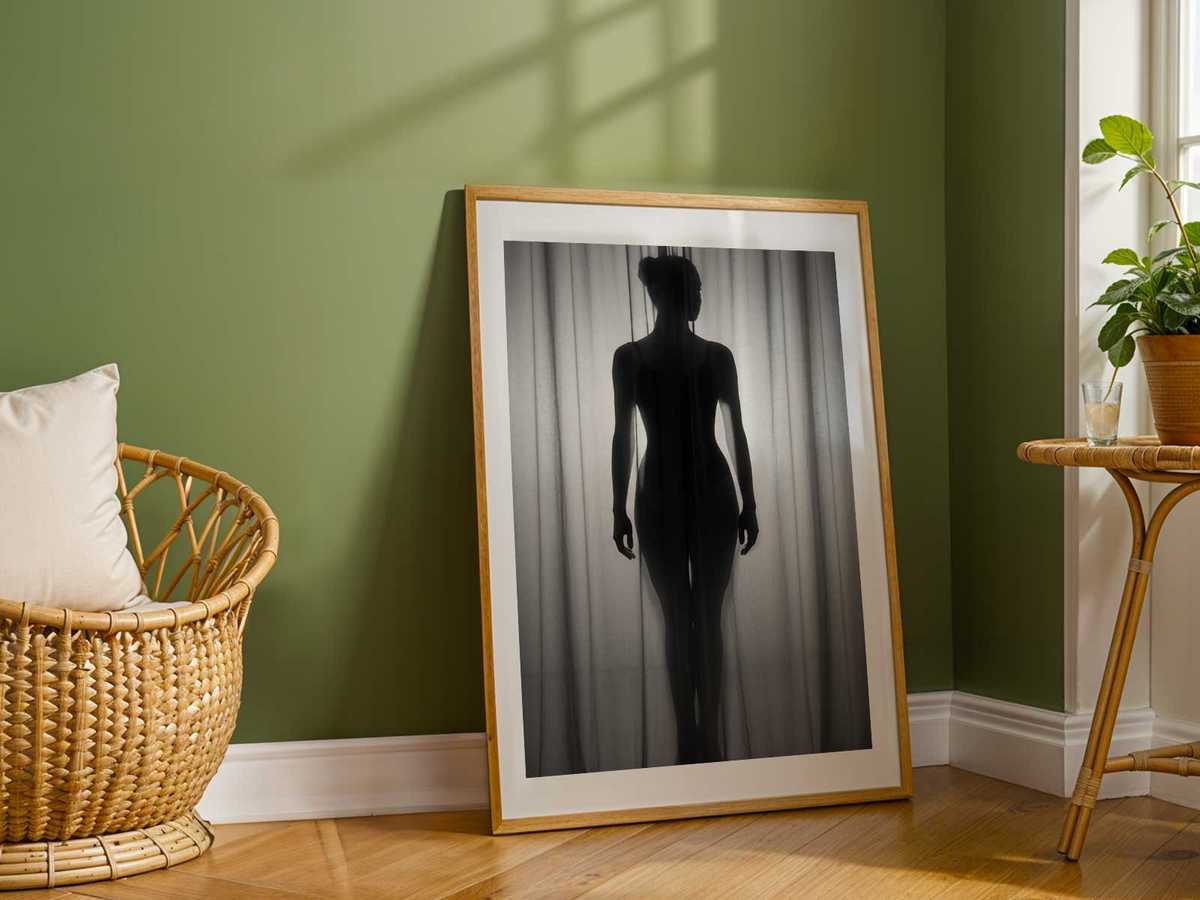 Silhouette sharply defined by the precise edge of the costume against a neutral background