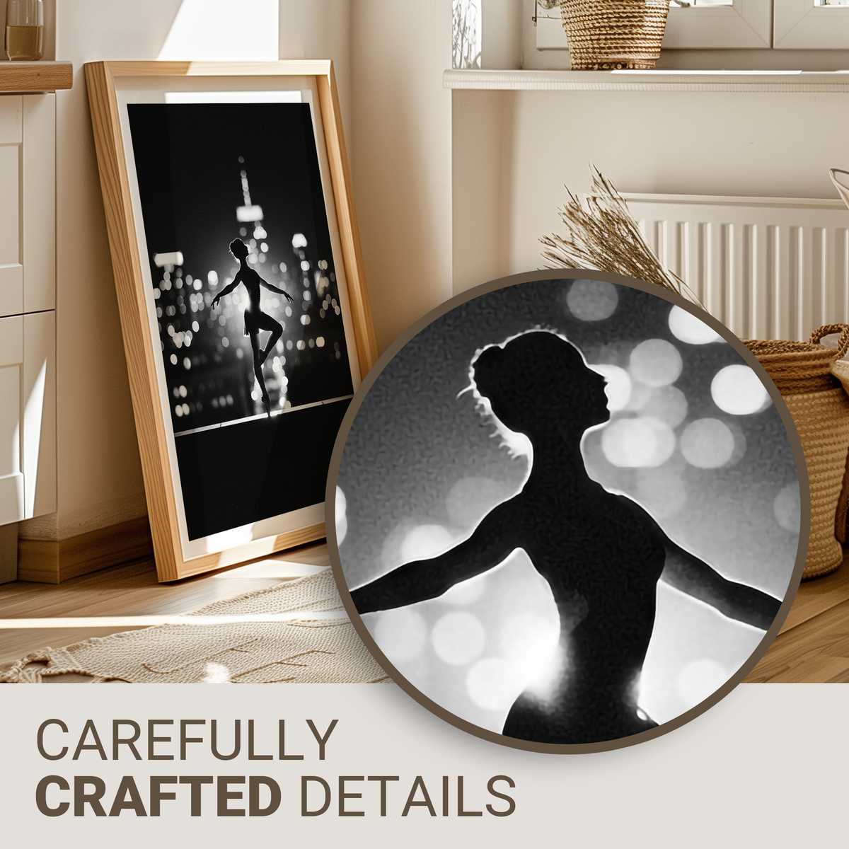 Silhouette of a lone ballerina in arabesque against a soft neutral background, emphasizing line and poise