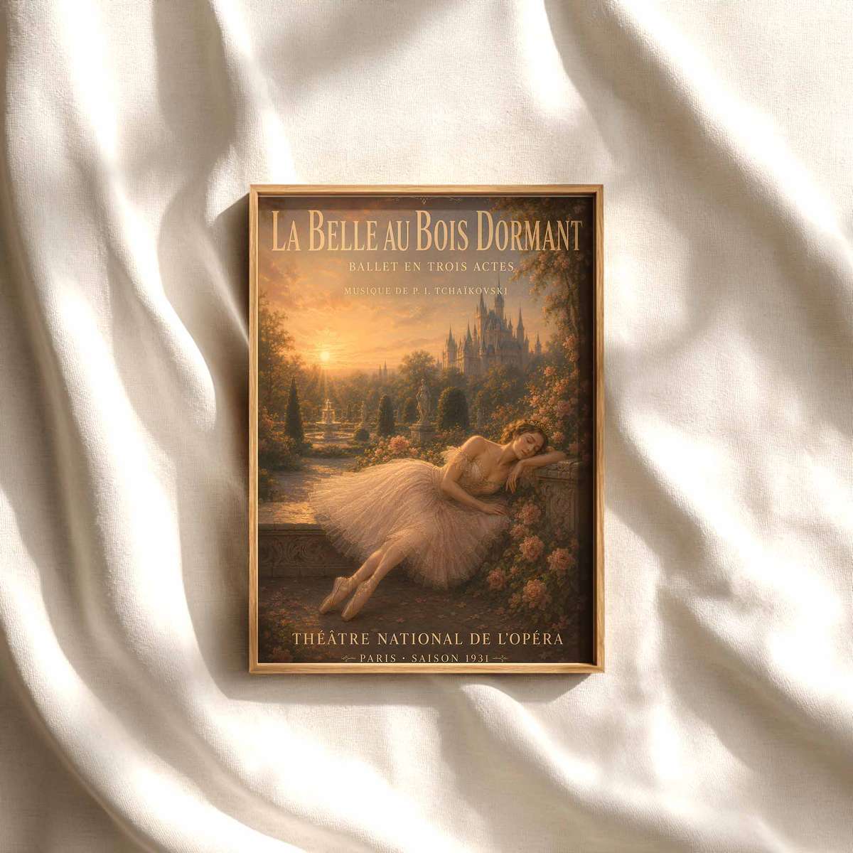 Sleeping Beauty poster combining poetic movement with softly balanced composition in a refined composition with French text