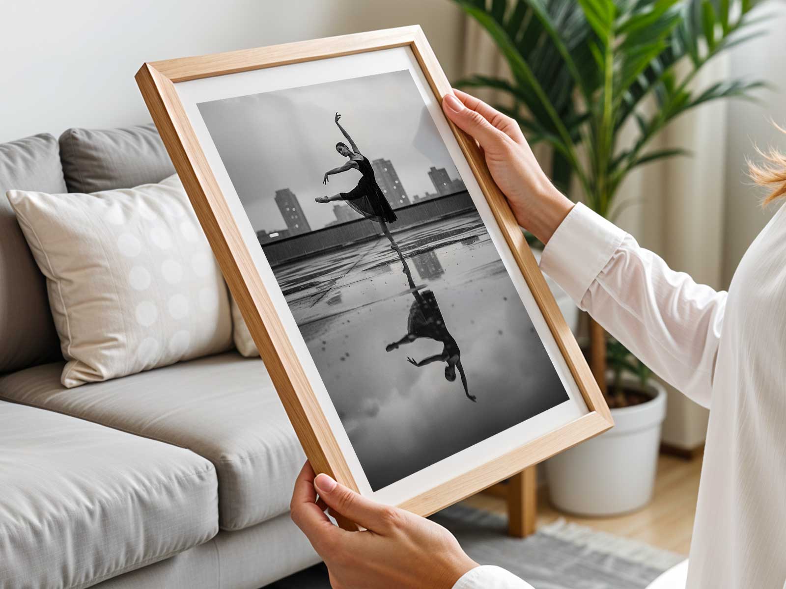 Ballerina centered in an open plaza bathed in soft morning light, creating a suspended, contemplative mood