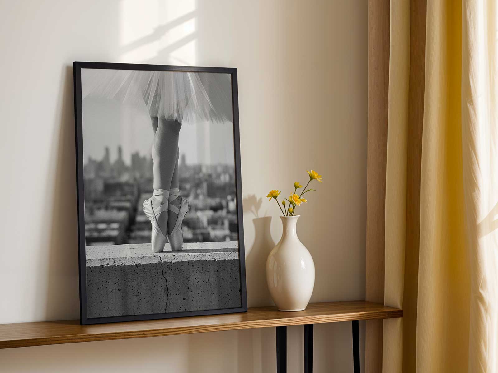 Ballerina on pointe with soft shadows and centered composition that highlights footwork and quiet strength