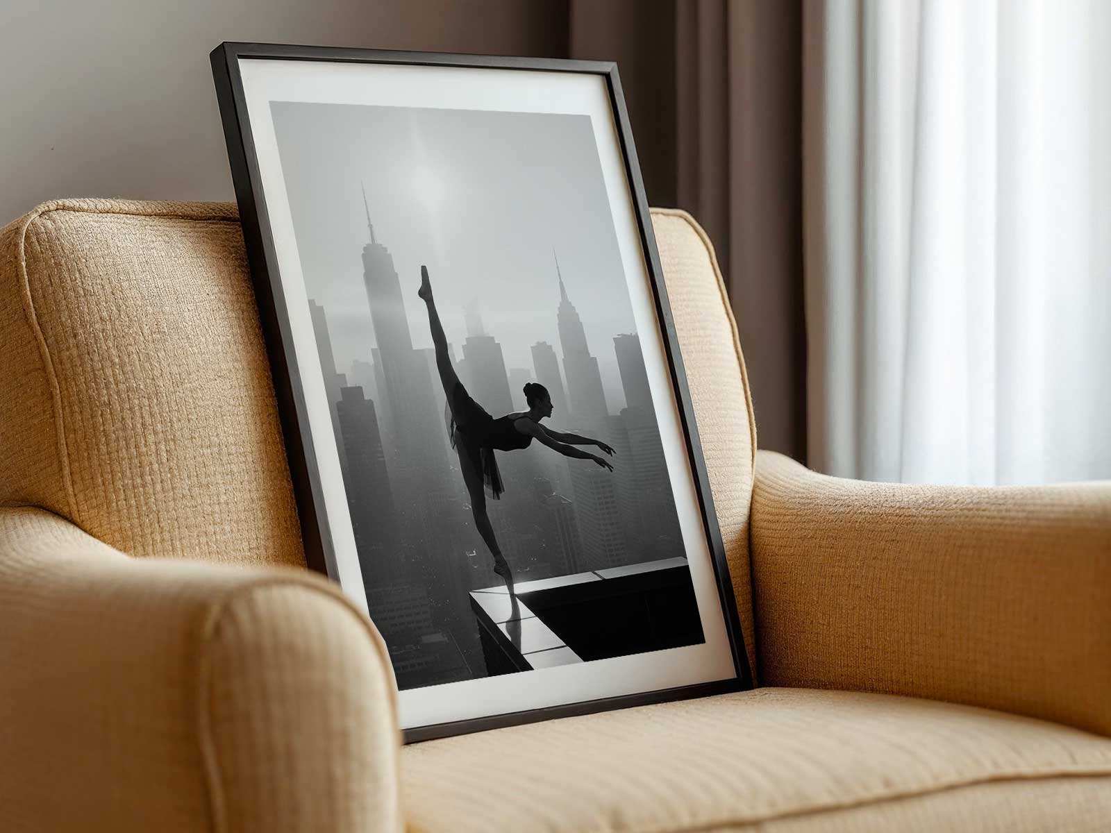 A lone ballerina in profile, sharply lit to emphasize the clean lines of her silhouette against a soft, neutral background
