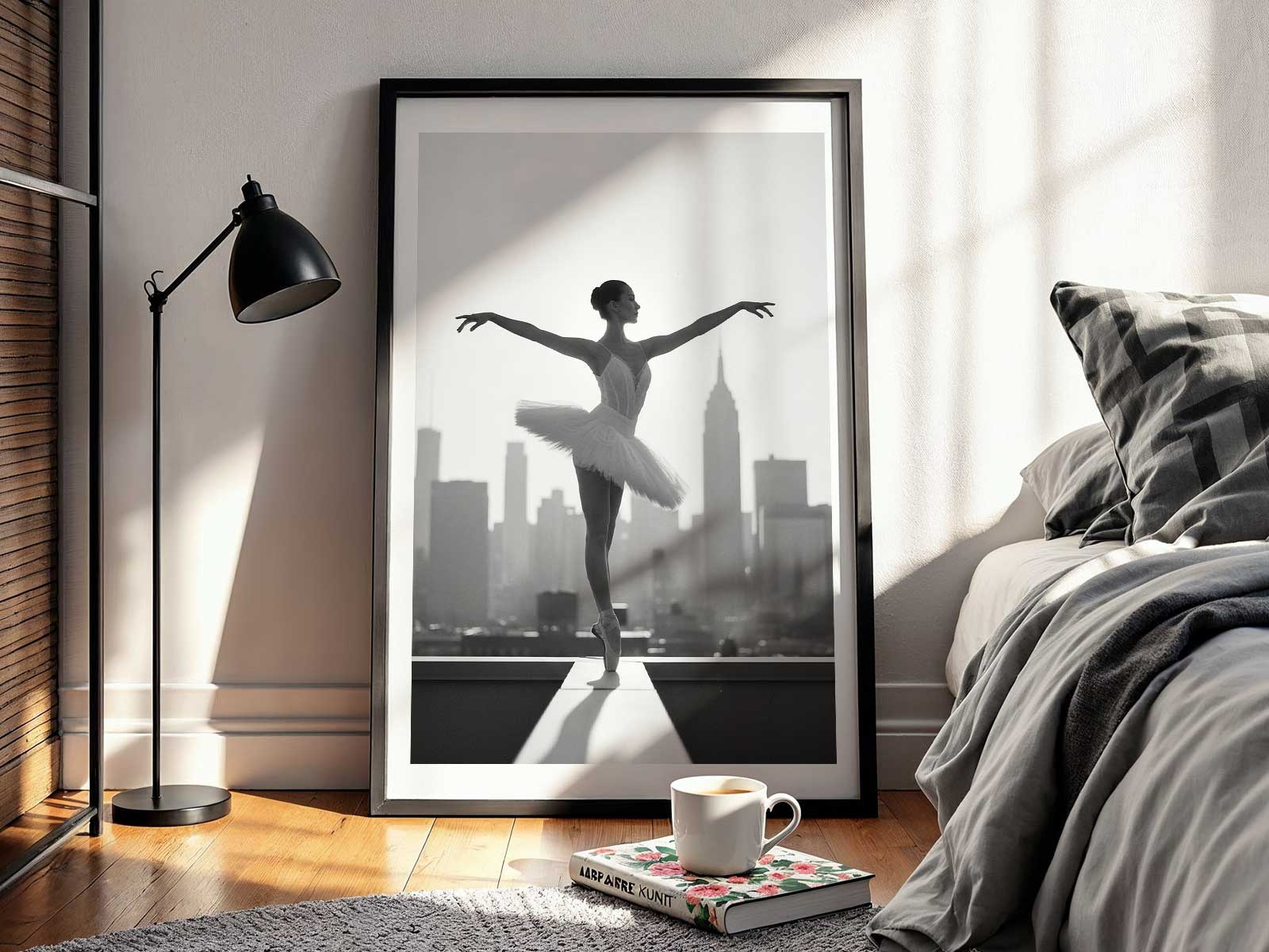 Single ballerina at rest with urban horizon lines creating a graphic contrast to her soft silhouette