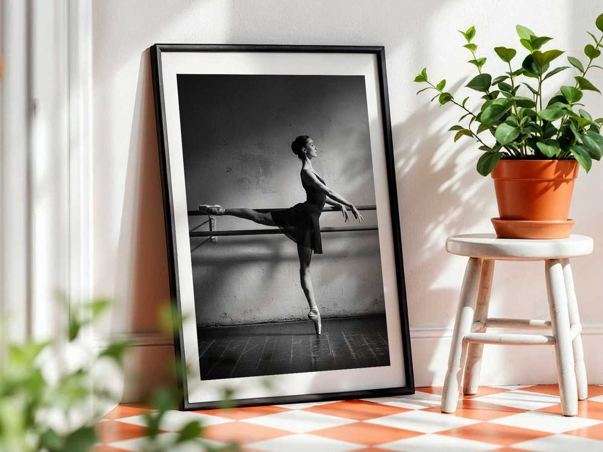 Close detail of a dancer’s feet and pointe shoes on studio floor showing wear and precise placement