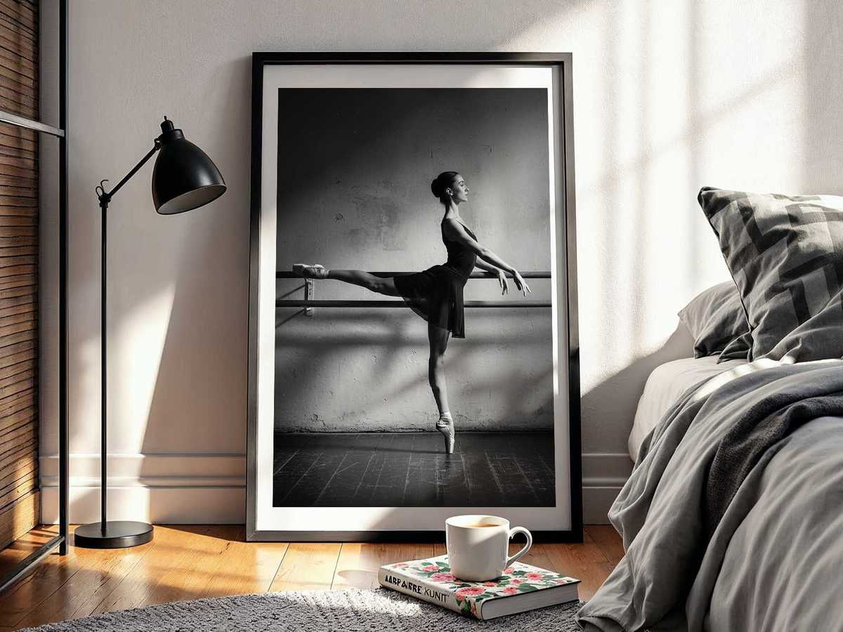 Ballet dancer gently landing a step, weight absorbed through bent knee and controlled posture