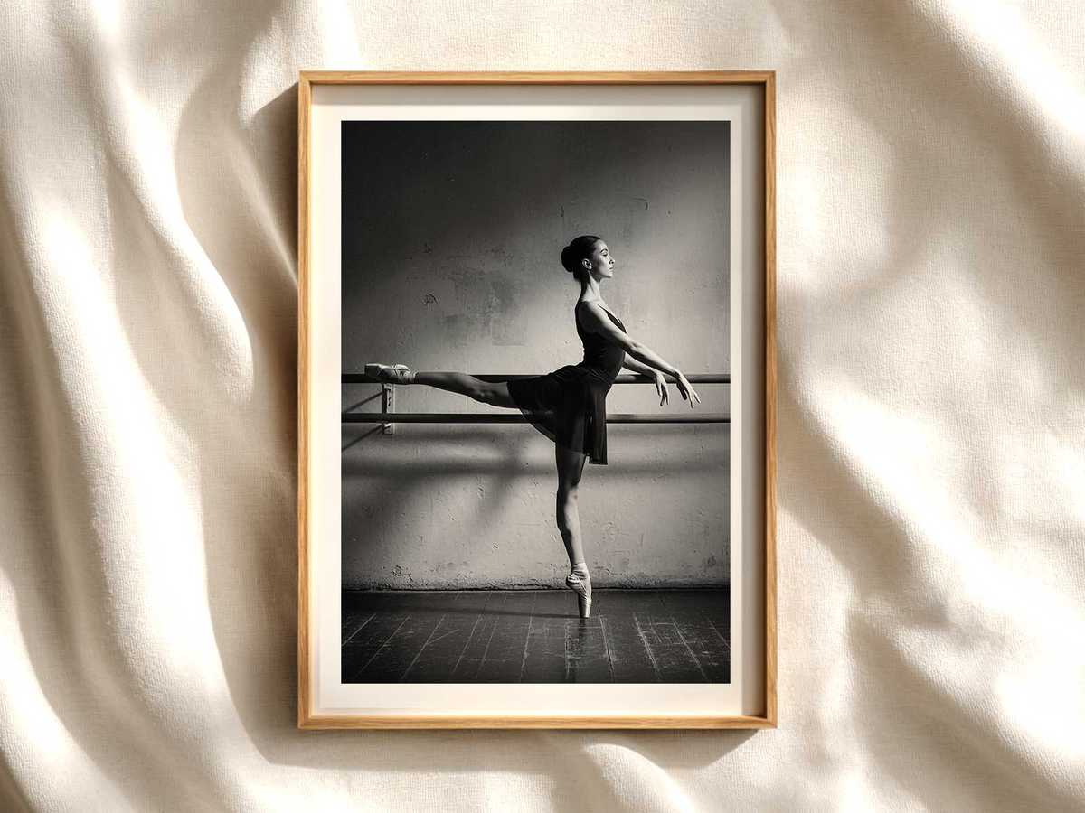 Ballet dancer mid-pivot in a studio, muscles engaged and toes pointed, captured in natural light