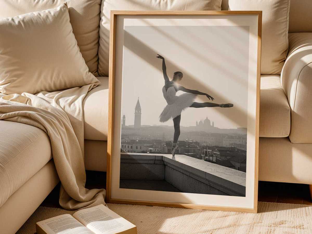 Dancer pausing in a sunlit campiello, her arm lines echoing the geometric patterns of windows and shadows