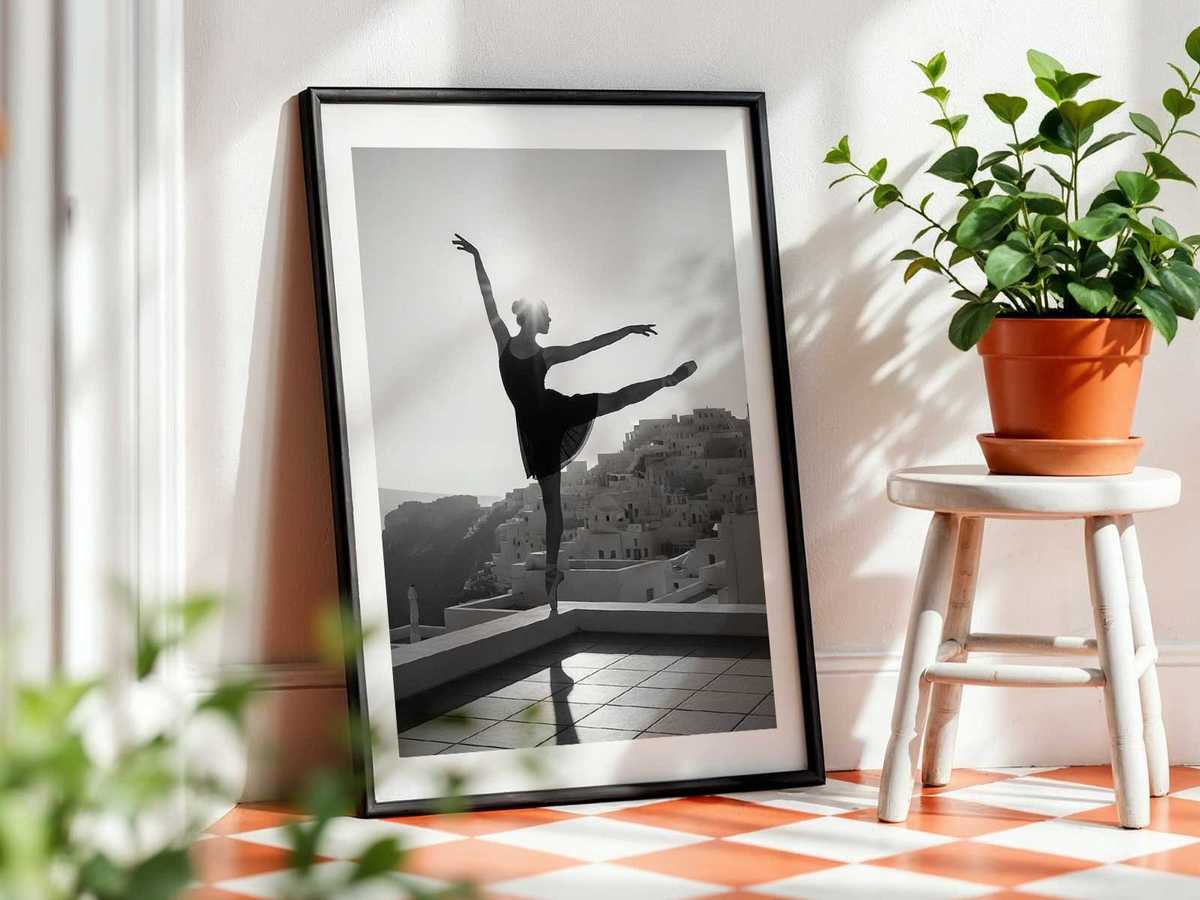 Sunlit dance studio decorated with ancient Mediterranean motifs and a poised dancer practicing releve