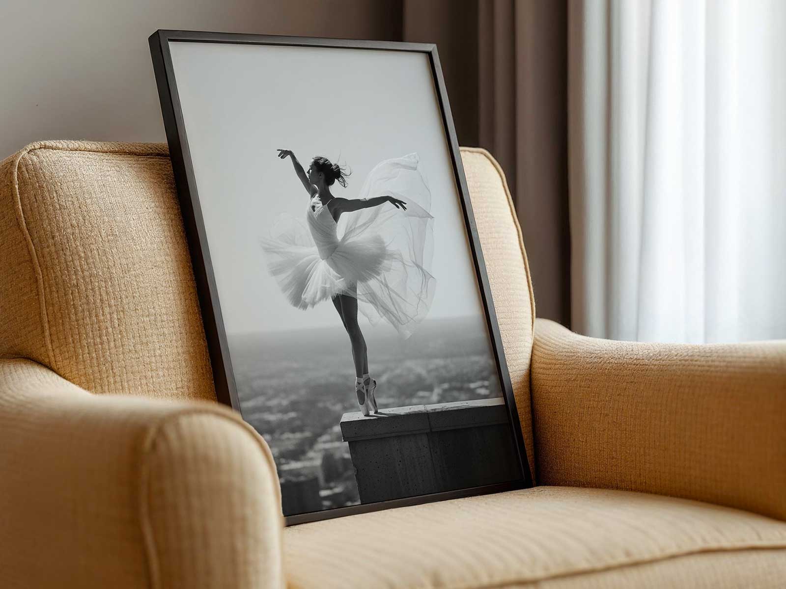 Ballerina in a suspended arabesque captured in profile with soft backlight highlighting the line of her leg and arm