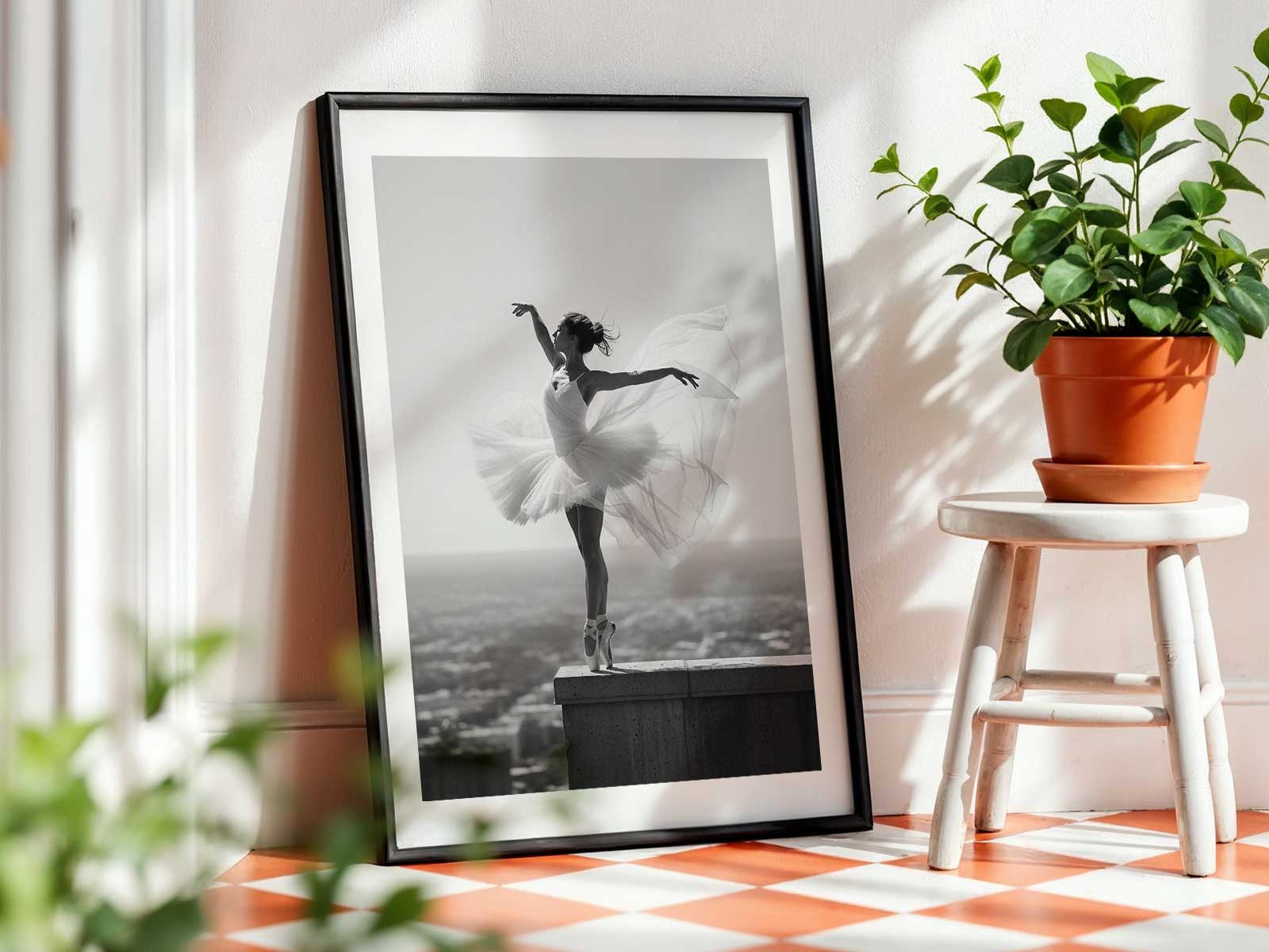 Mid-air leap frozen at the apex, the dancer's limbs forming an elegant arc that directs light and gaze