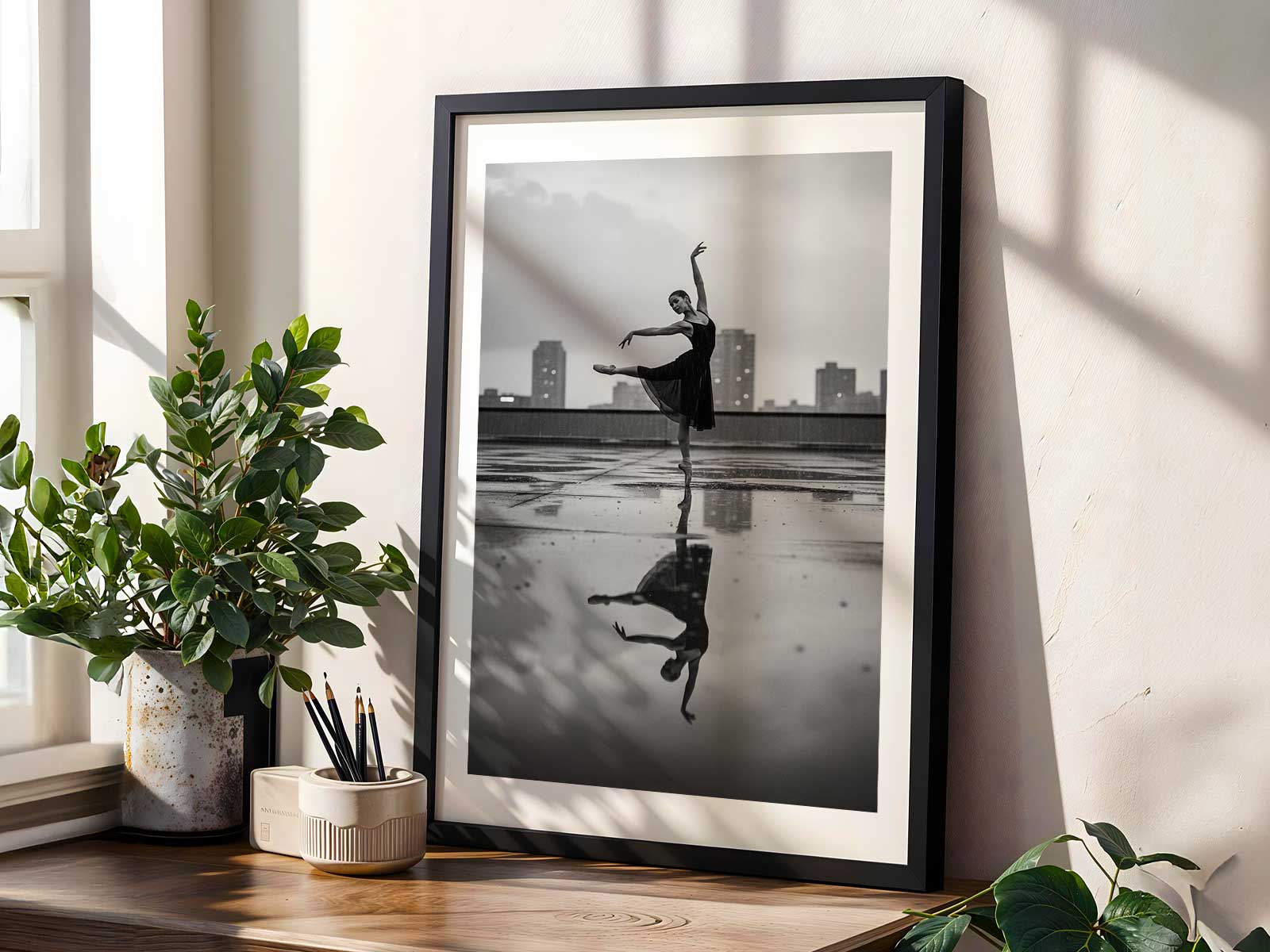 Ballerina suspended mid-leap on an empty wide avenue, the open frame making her the emotional focal point