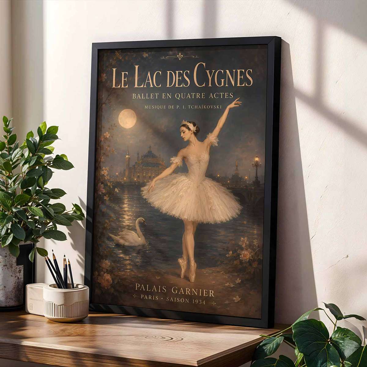 Artistic view of Swan Lake showing expressive posture and refined dance details inspired by vintage ballet with french text for gallery wall decor with French text