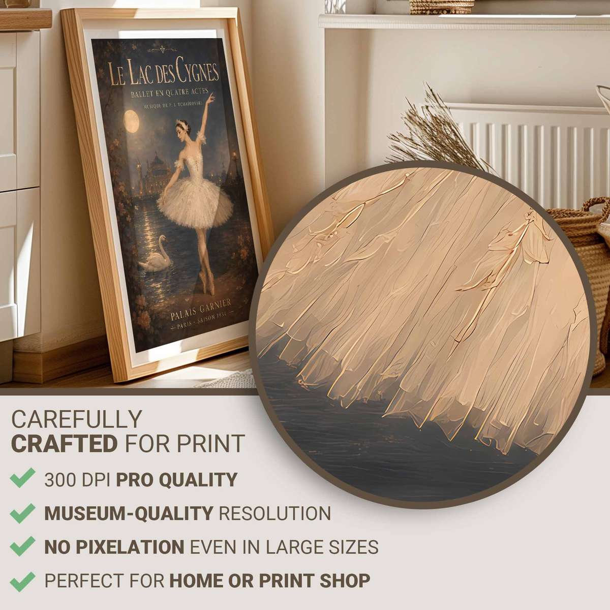 Swan Lake wall art combining fluid motion and an intimate performance mood in a expressive composition with French text