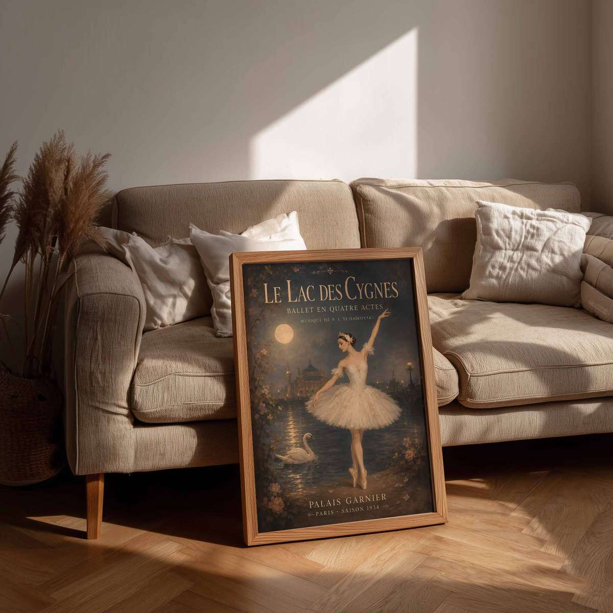 Swan Lake wall art combining fluid motion and an intimate performance mood in a expressive composition with French text