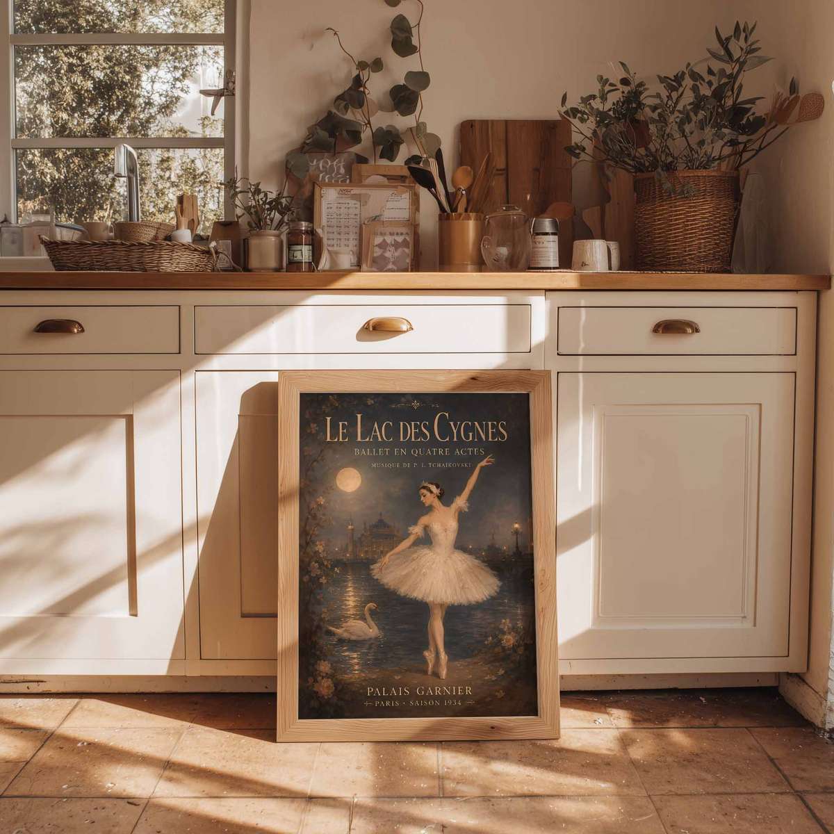 Gallery-style Swan Lake artwork with vintage details for rehearsal room decor with French text