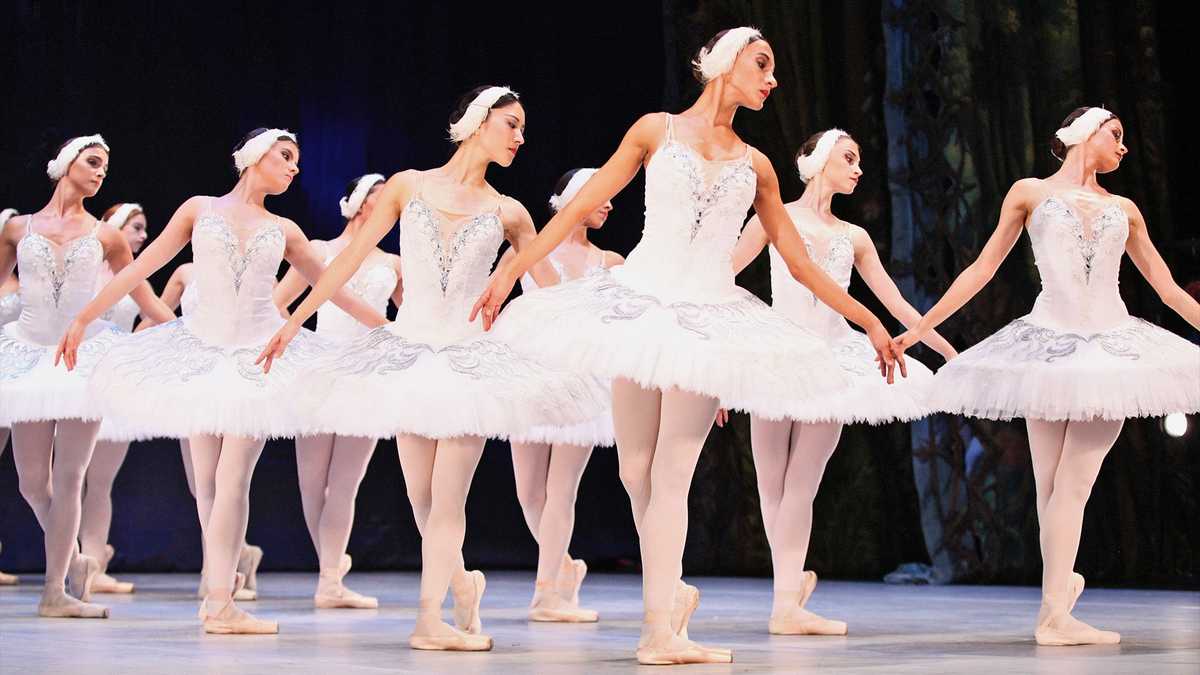 Soloist as Odette standing on a misty lakeshore under moonlight, arms curved in a lyrical pose