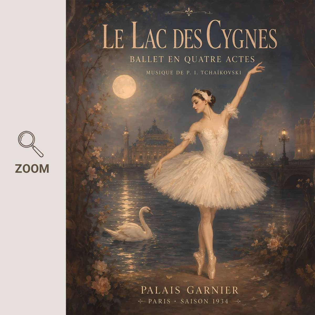 Gallery-style Swan Lake artwork with elegant details for gallery wall decor with French text