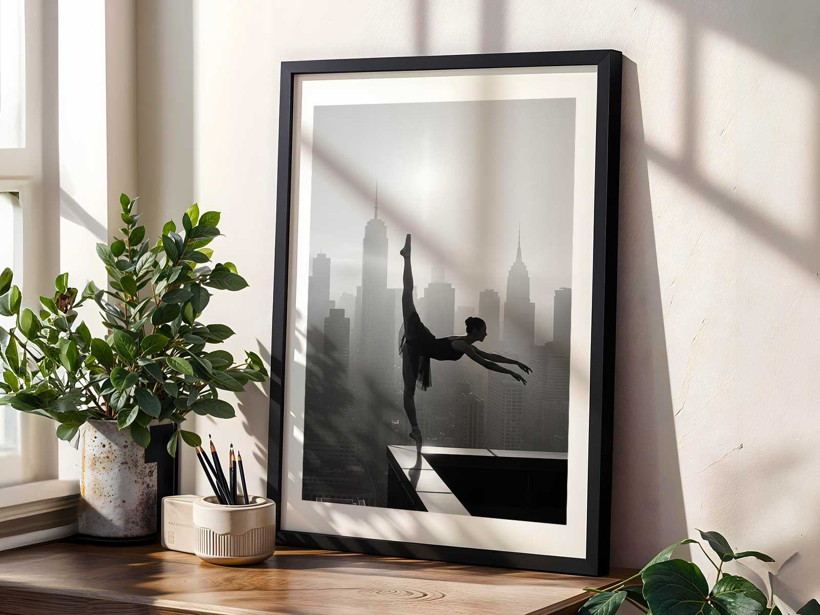 Three-quarter view of a ballerina holding a restrained pose, the crisp contour of her body creating elegant negative space…