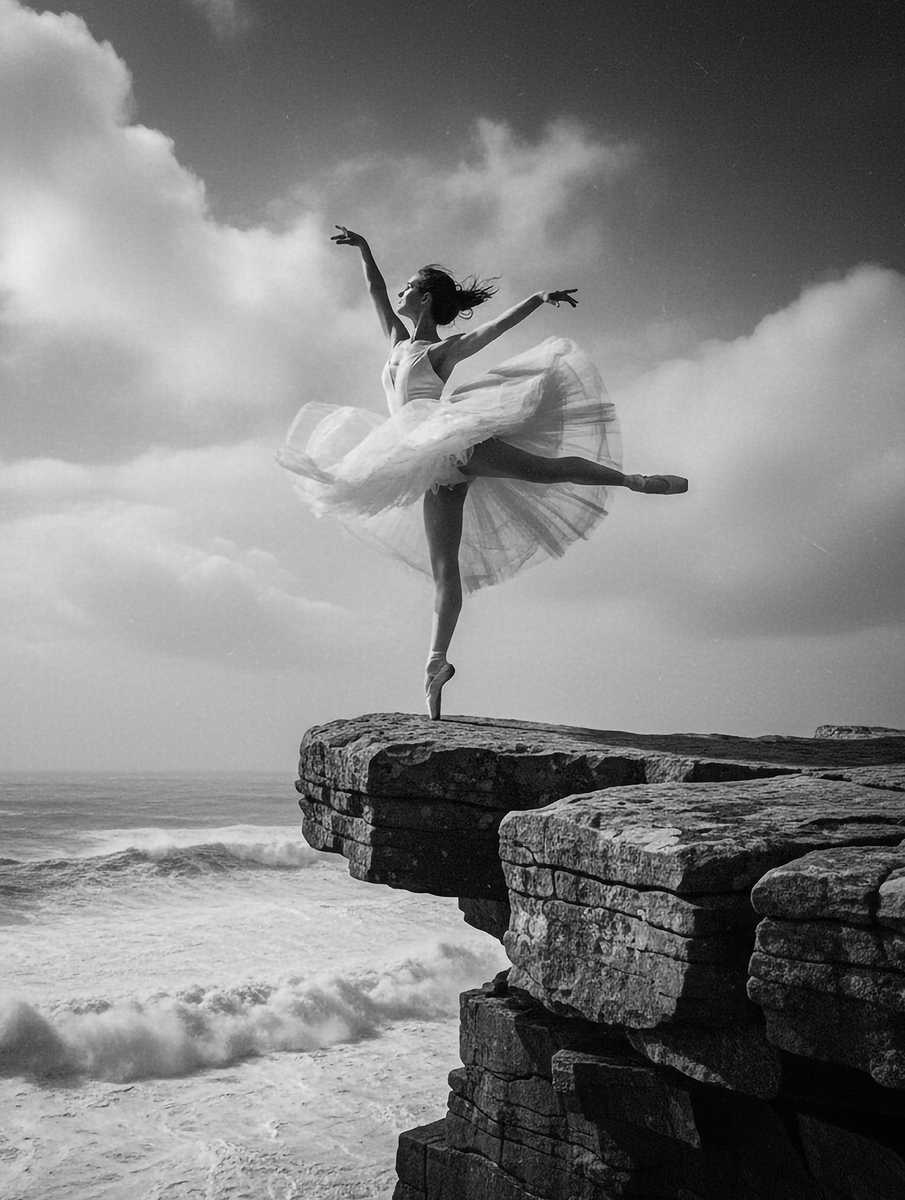 Ballerina mid grand jeté over a coastal cliff, movement frozen above crashing waves