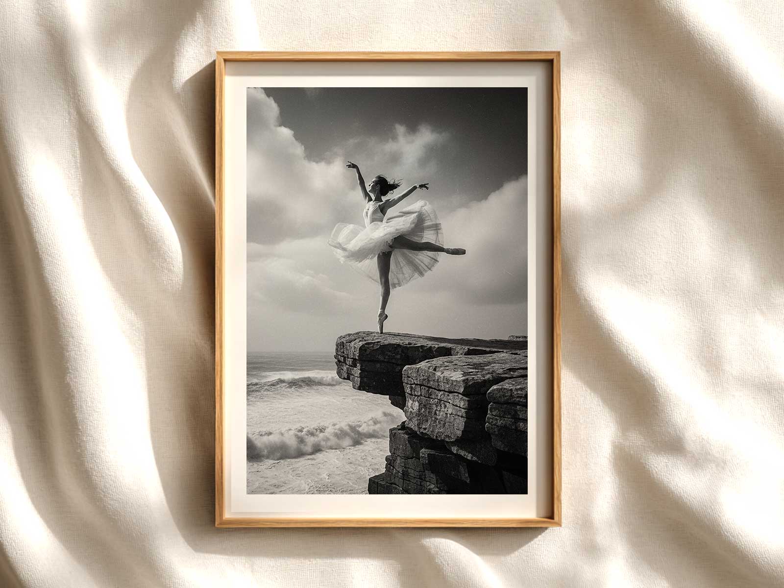 Ballerina in contrapposto against a textured backdrop, emphasizing line and quiet intensity