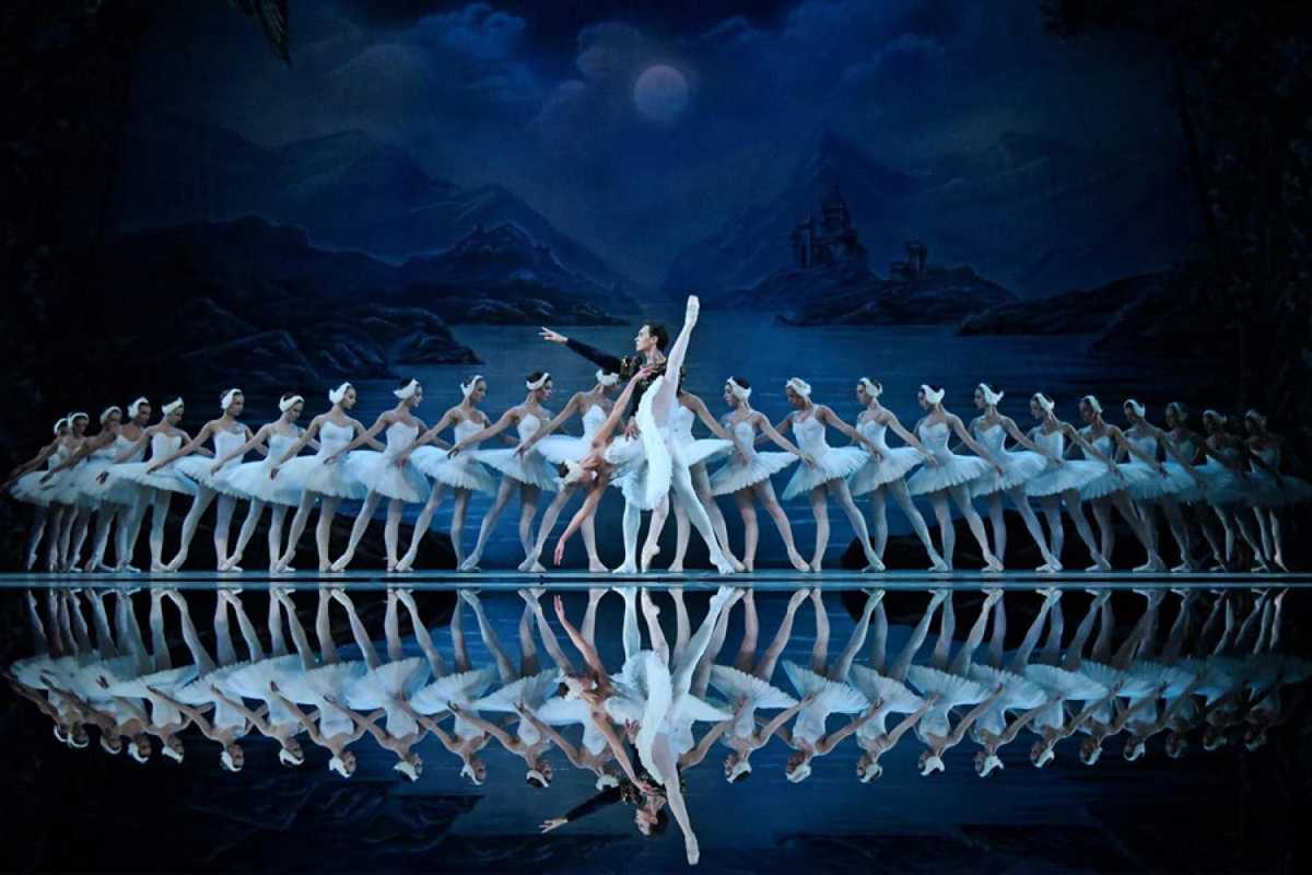 Reproduction of a printed poster advertising the 1877 premiere of Swan Lake at the Bolshoi Theatre, reflecting the ballet's…