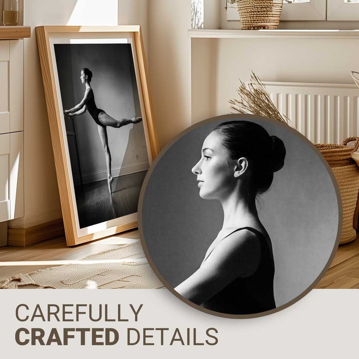 Ballet dancer in profile silhouette at the barre, capturing quiet concentration and poised balance in a sunlit studio