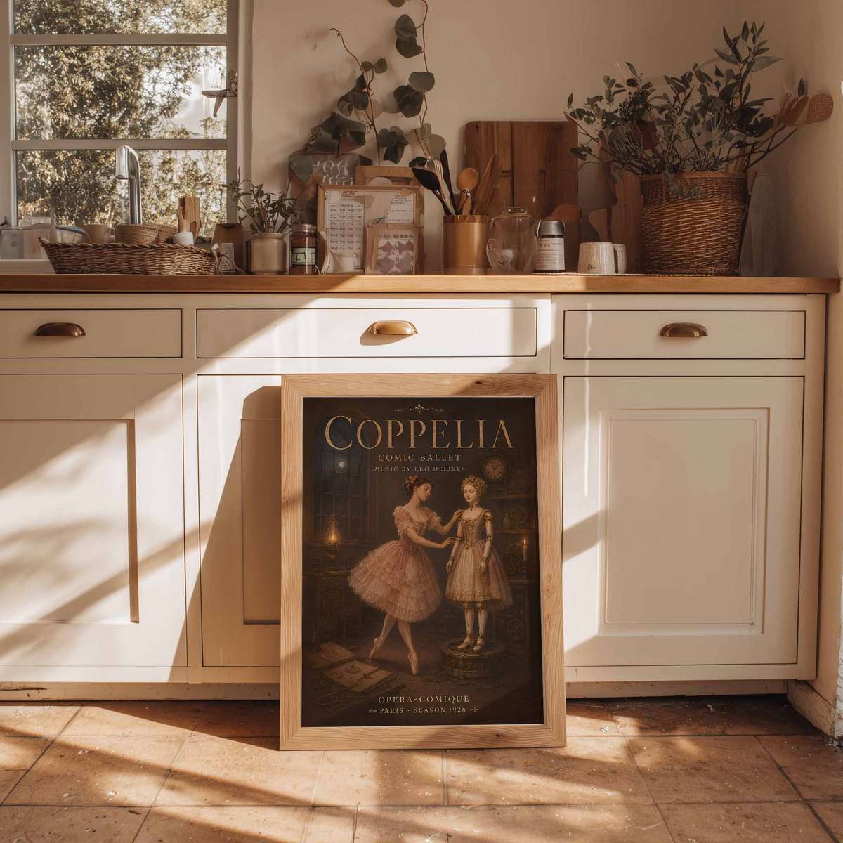 Vintage Ballerina composition styled as wall art and featuring graceful movement and stage-inspired details inspired by coppelia ballet