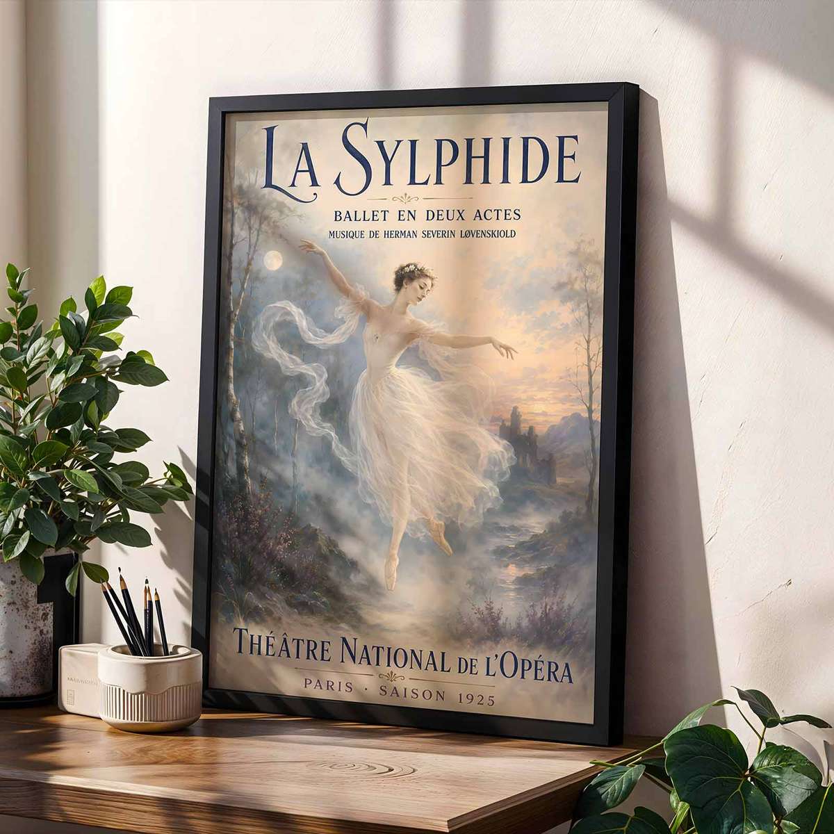 Vintage Ballerina wall art combining graceful movement and stage-inspired details inspired by sylphide french text ballet in a expressive composition with French text