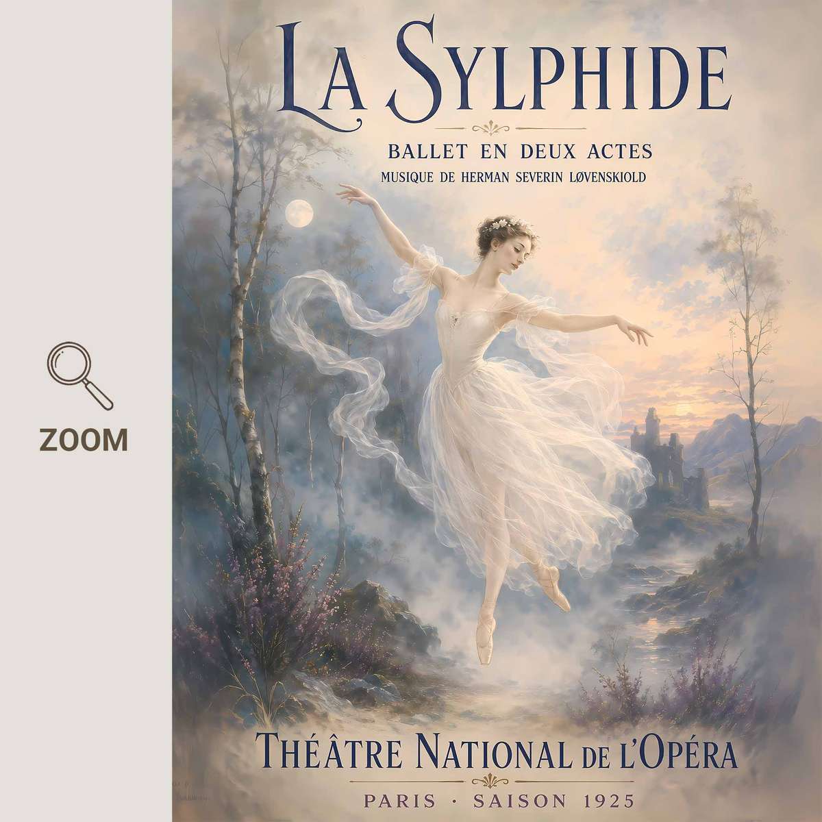 Vintage Ballerina wall art combining fluid motion and an intimate performance mood inspired by sylphide french text ballet in a poetic composition with French text