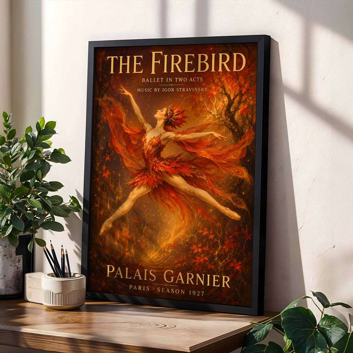 Dramatic wall art centered on Firebird with a theatrical atmosphere