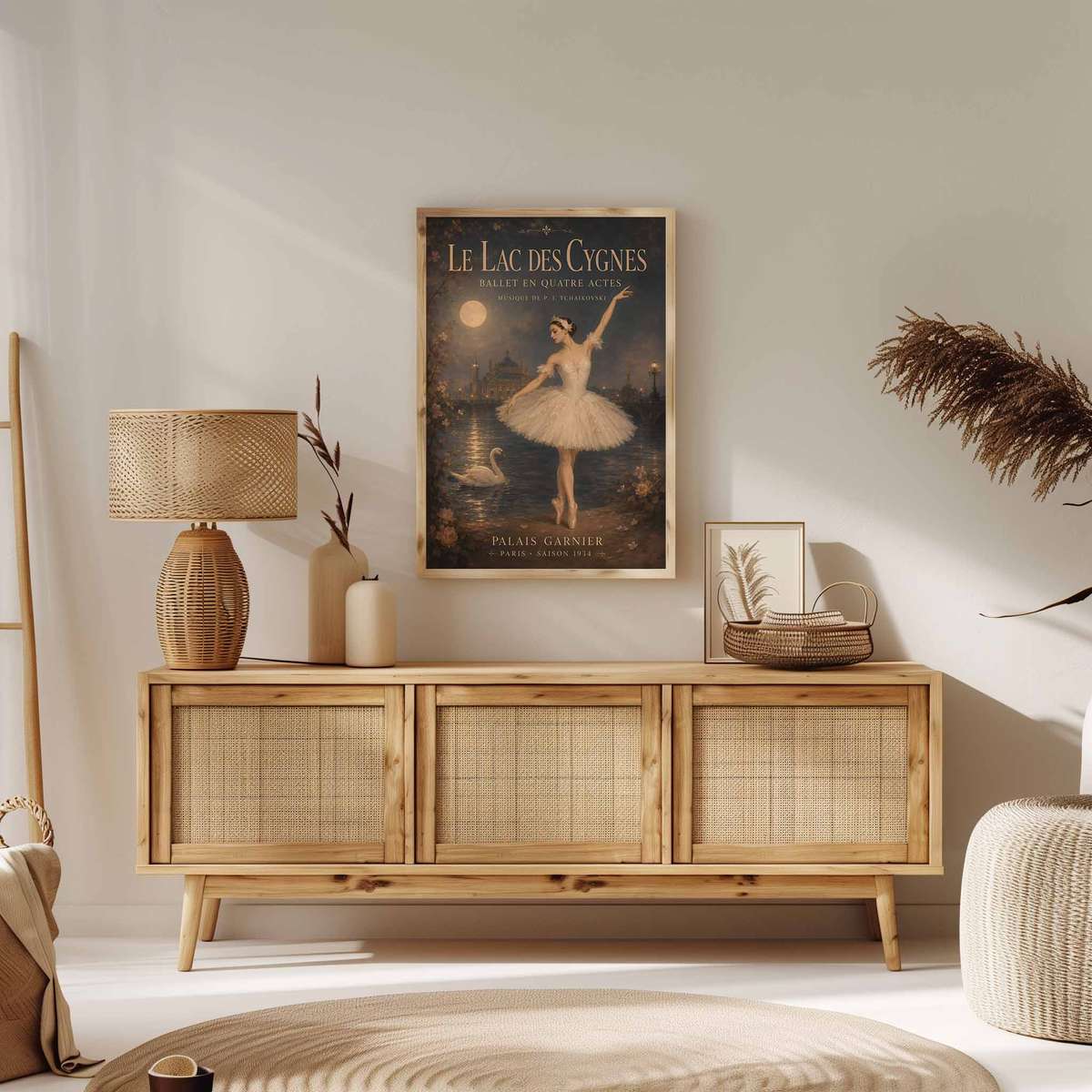 Elegant illustration of Swan Lake presented through elegant lines and a theatrical atmosphere with French text