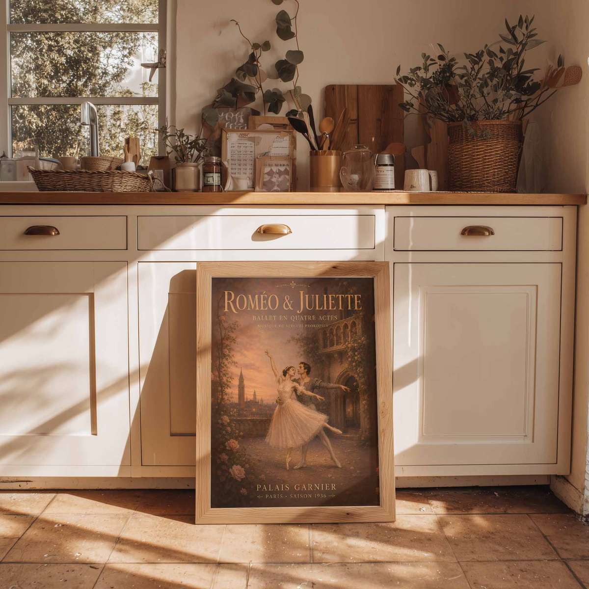 Romeo Juliet wall art showcasing poetic movement with softly balanced composition and a expressive visual character with French text