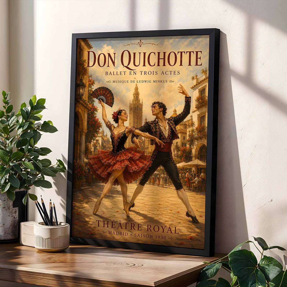 Artistic view of Don Quixote showing elegant lines and a theatrical atmosphere for dance studio decor with French text