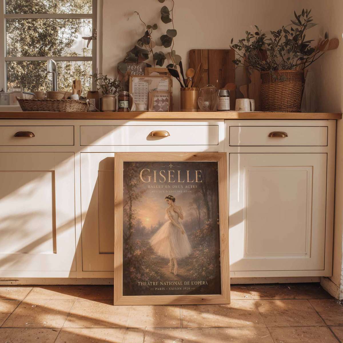 Giselle shown in a classical composition showcasing graceful movement and stage-inspired details with French text