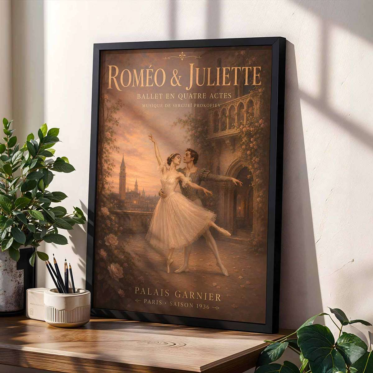 Romeo Juliet shown in a vintage composition showcasing graceful movement and stage-inspired details with French text