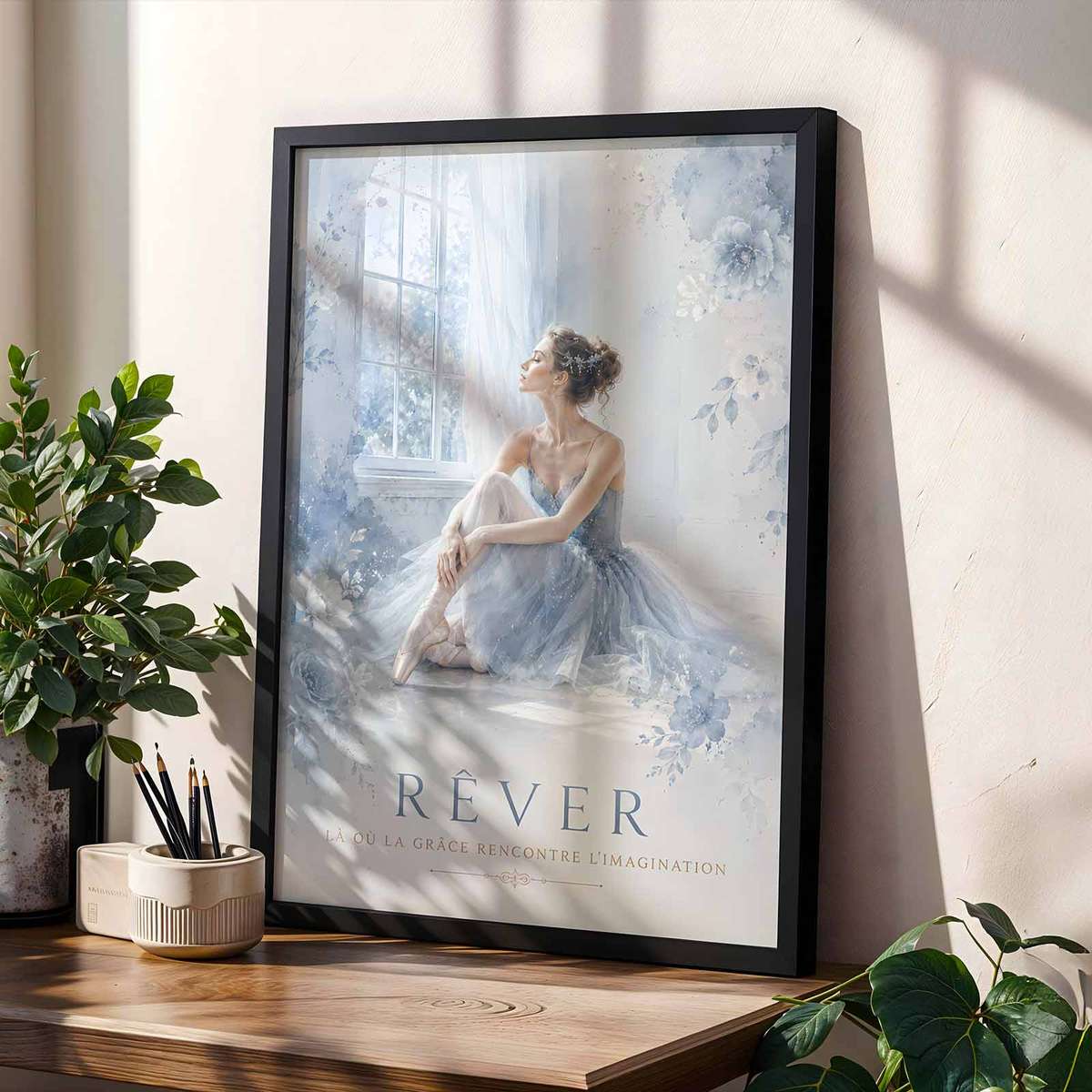 Vintage illustration of Watercolor Ballerina presented through classical stage character and delicate visual rhythm with French text