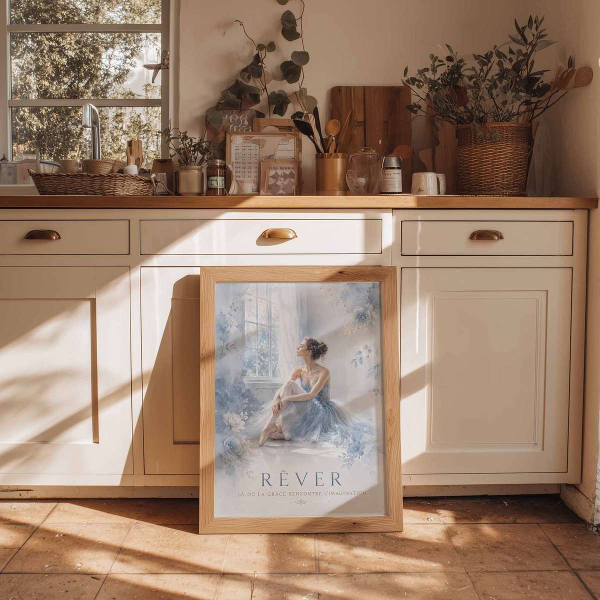 Watercolor Ballerina composition styled as wall art and featuring graceful movement and stage-inspired details inspired by vintage french text ballet with French text