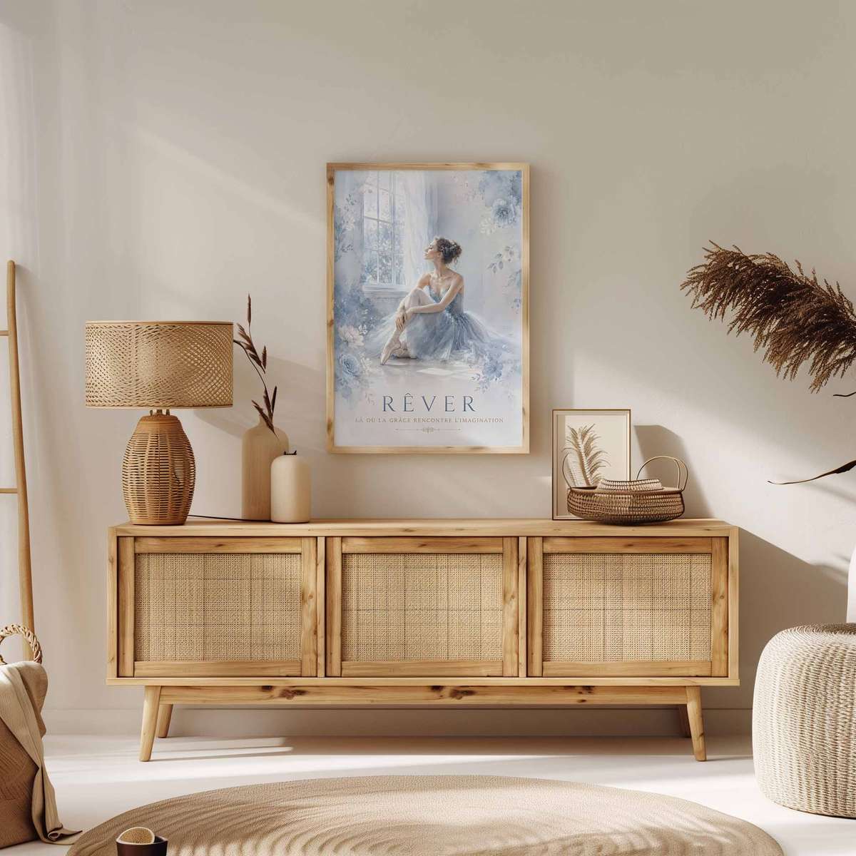 Watercolor Ballerina shown in a elegant composition showcasing poetic movement with softly balanced composition inspired by vintage french text ballet with French text