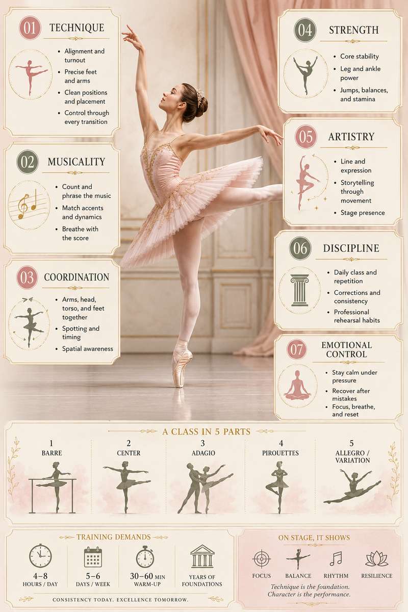 Group of ballet dancers in class listening to music and coordinating movements with rhythm