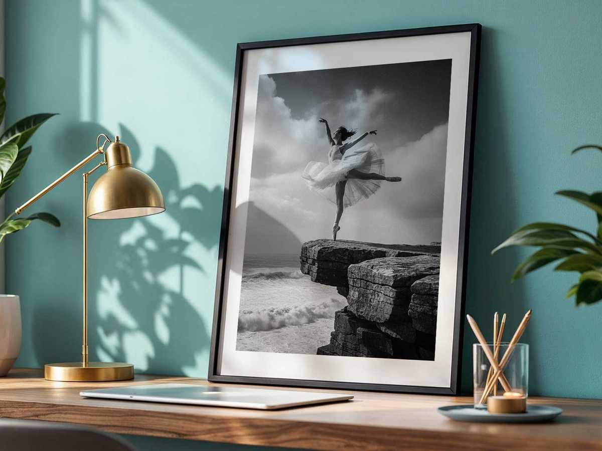 Ballerina performing on a narrow cliff platform with strong wind and a sweeping valley below, motion captured in soft blur