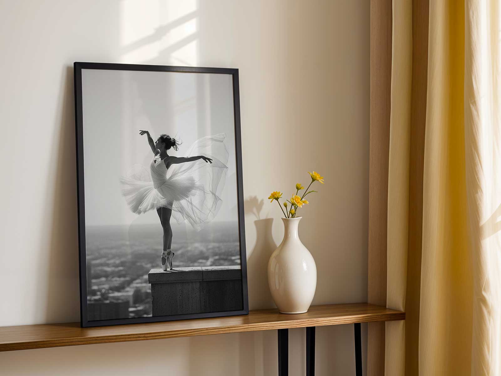 Ballerina silhouette lit by a single window against a panorama of night-time city windows